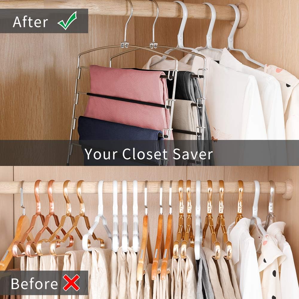 FeeraHozer Pants Hangers Non Slip 3 Pack Space Saving Hangers Multi-Layer Swing Arm Pants Hanger Stainless Steel Space Saver Hanger Closet Storage Organizer for Jeans Trouser Slacks Clothes (Black)