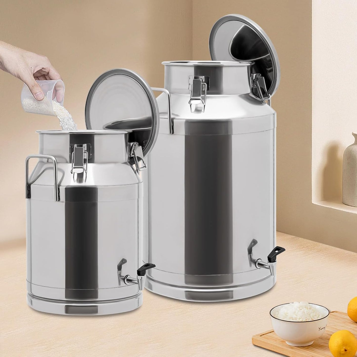 12~60L Heavy-duty 201 Stainless Steel Milk Can with Drip-free Spigot, Water Beverage Drink Dispenser Milk Pail Bucket for Milk Wine Oil (30L)