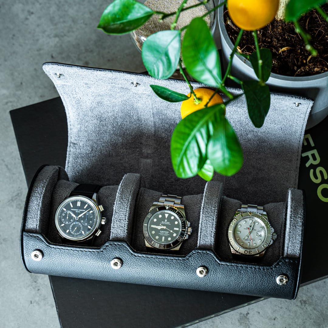 DailyWatch | Watch Roll Travel Case For 3 Watch | Luxury Watch Case In Genuine Black Leather With Soft Velvet Interior | Watch Case Protect, Store, & Display Your Watches | Black Grey