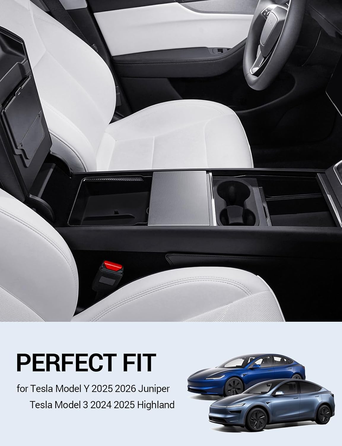 Motrobe 2026 Tesla Model Y Tesla Model 3 Center Console Organizer Tray Cup Holder Magnetic Armrest Hidden Storage Box Model 3 Highland Model Y Juniper (Standard/Premium/Performance) Accessories 4PCS