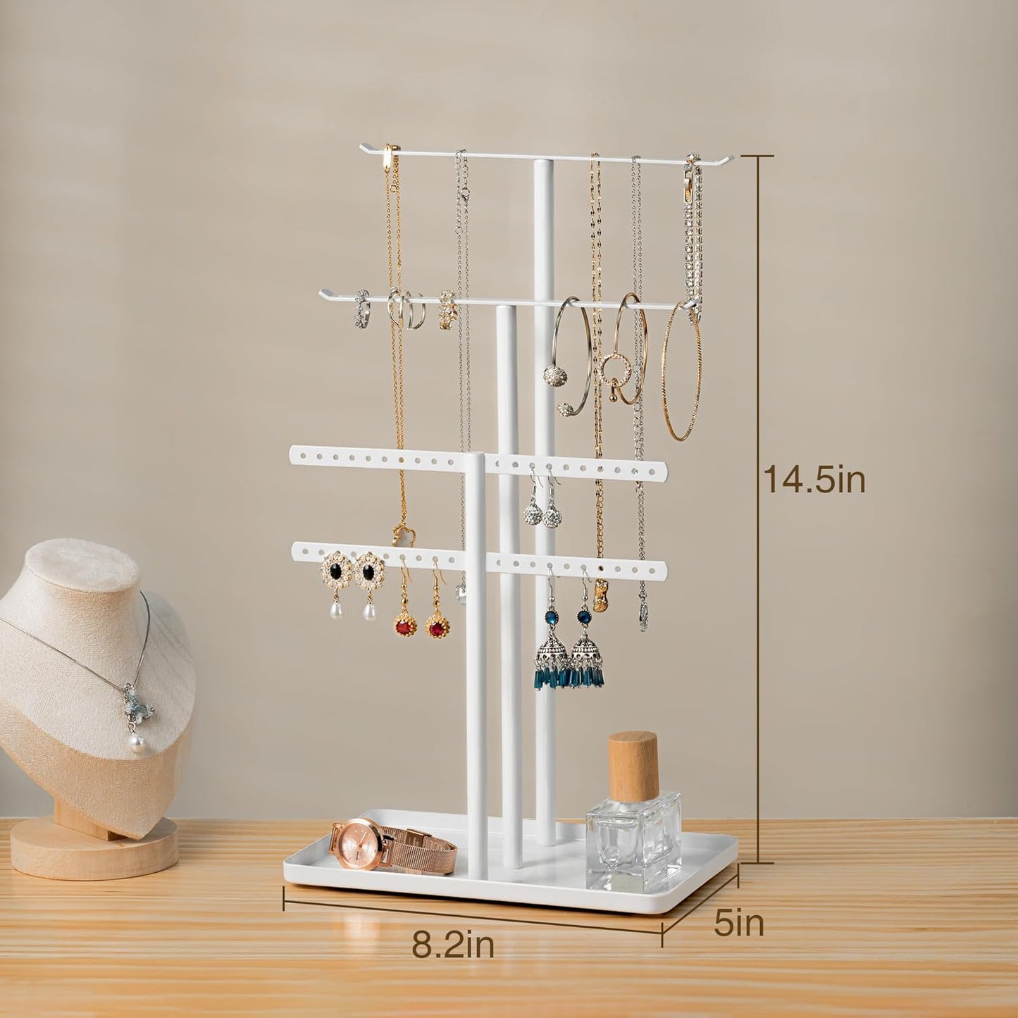 pickpiff Jewelry Stand Organizer, 14.5" Tall Sturdy Metal, 3-TierJewelry Holder for Necklace, Earring, Bracelet, Ring, Hanger for Display and Storage, Aesthetic Room Decor, White