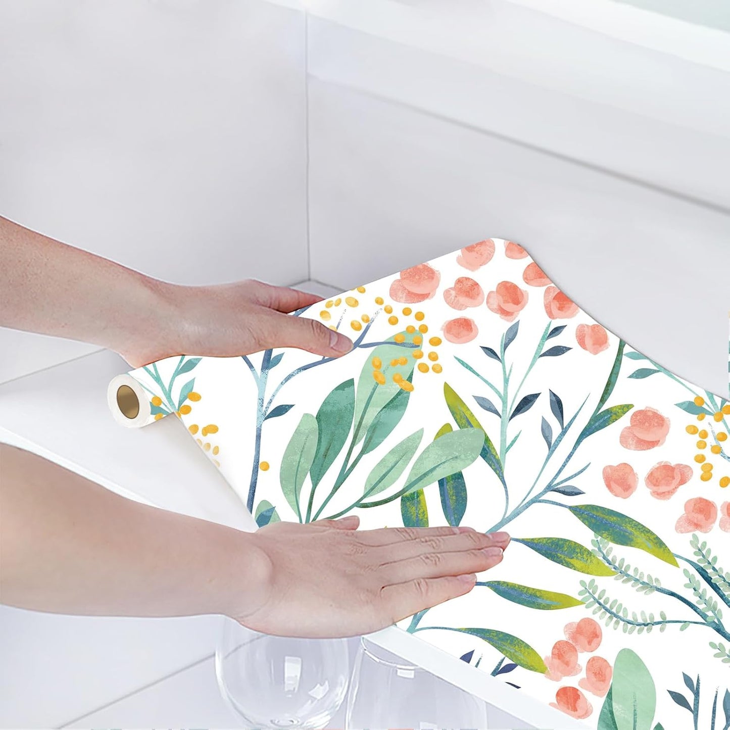 HAOKHOME Shelf Liner and Cabinet Liner Boho Flroal, Self-Adhesive Drawer Liners, Peel and Stick Contact Paper for Kitchen Cabinets and Cupboard, Bathroom Drawers, White/Green/Pink 17.3in x 6.5ft
