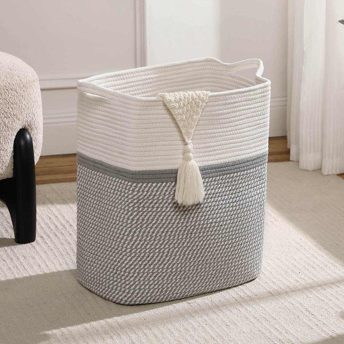 Tall Laundry Basket With Handles,Woven Cotton Rope Big Laundry Hamper Sorters,Versatile Storage for Dirty Clothes,Baby Toys,and Blankets in Bathroom, Nursery,and Living Room (White/Gray, 50L)