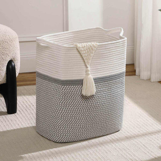Tall Laundry Basket With Handles,Woven Cotton Rope Big Laundry Hamper Sorters,Versatile Storage for Dirty Clothes,Baby Toys,and Blankets in Bathroom, Nursery,and Living Room (White/Gray, 50L)