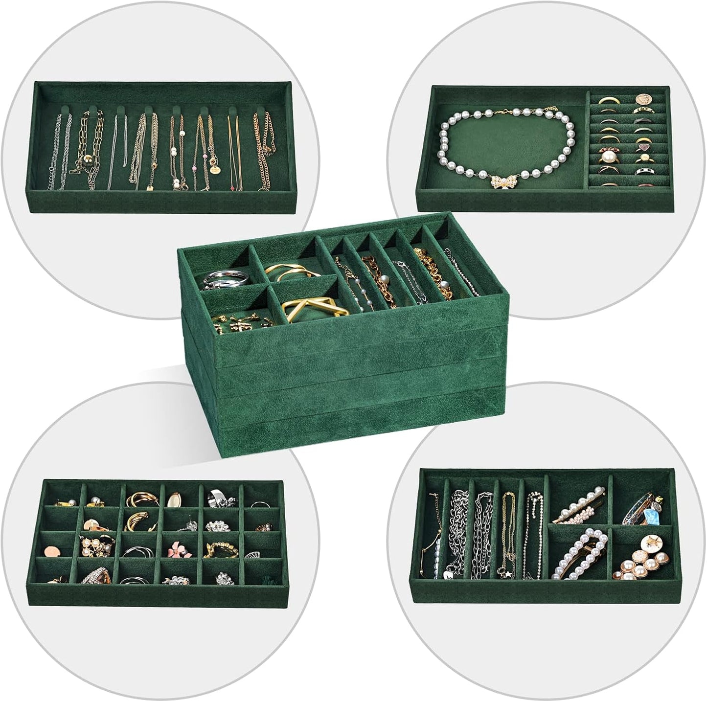 ProCase Stackable Jewelry Organizer Trays for Drawers, Jewelry Drawer Inserts Container Display Case Storage for Earring Necklace Rings Bracelet with Removable Dividers -Green, 4 Layers