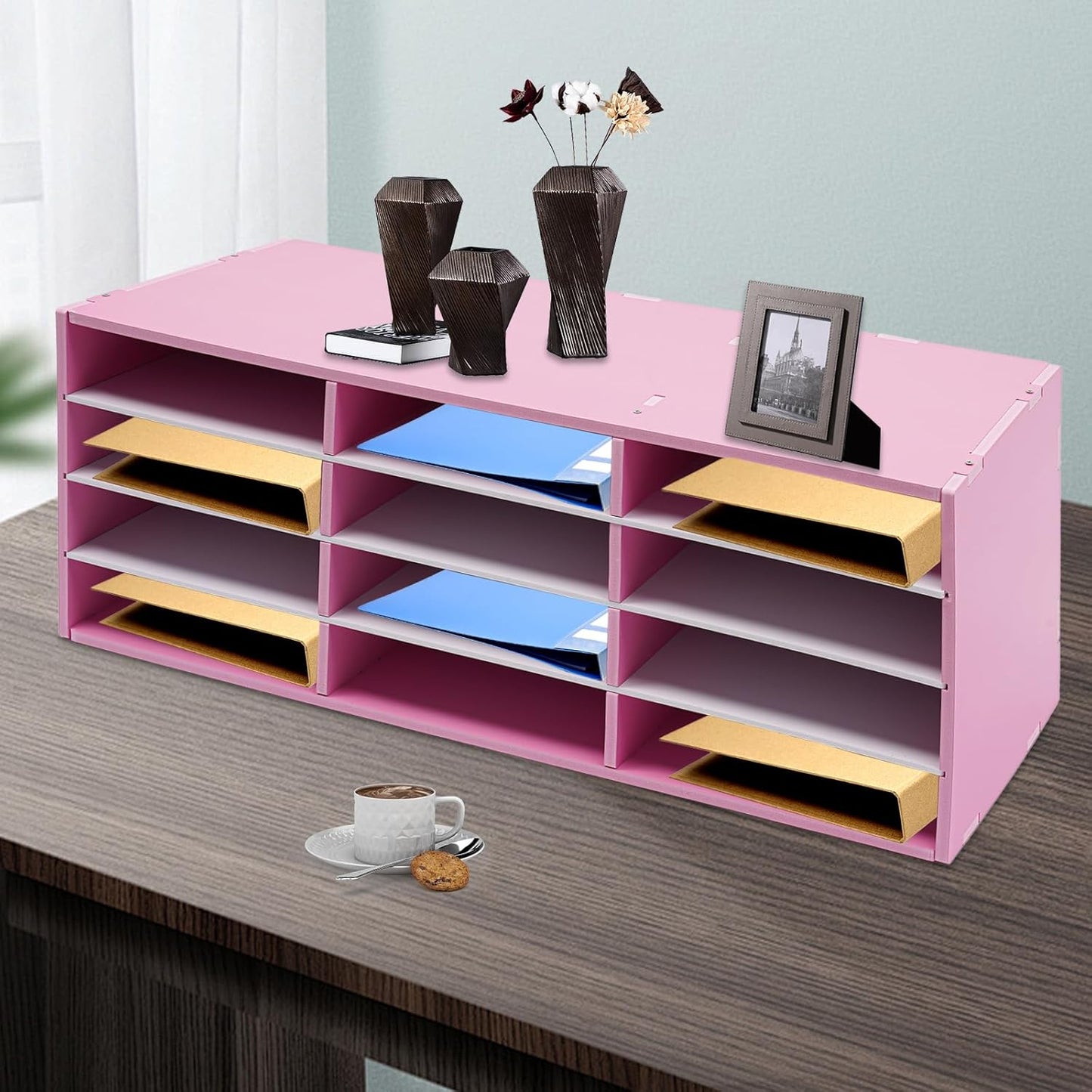 Mail Sorter Organizer, 12 Compartments Mailbox for Classroom, Desktop File Organizer with Adjustable Shelves, for Office Home Classroom, PVC, Pink