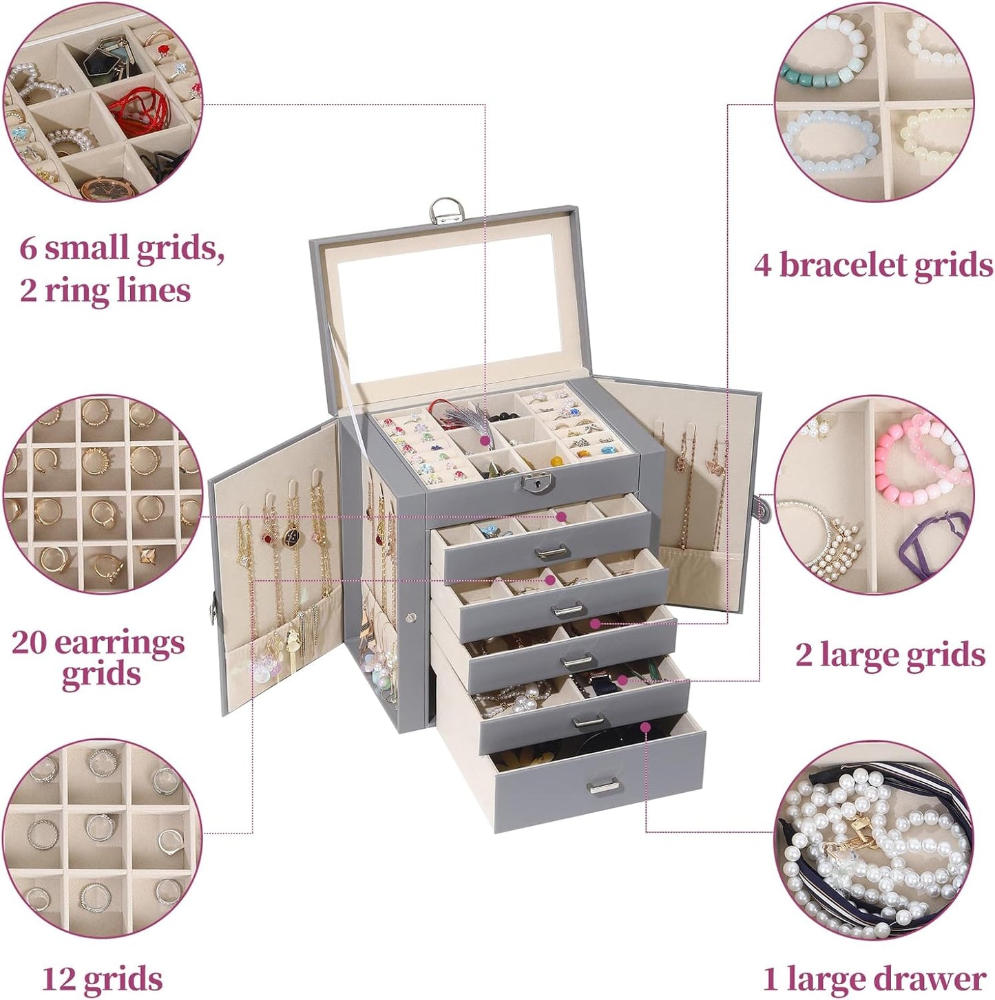 BOOVO Jewelry Box For women, 6 Layer Large Jewelry Organizer With Mirror, Multi-Function Storage Box With Lock, Accessory Holder With 5 Drawers, For Earrings Necklace Ring Bracelet (Gray)