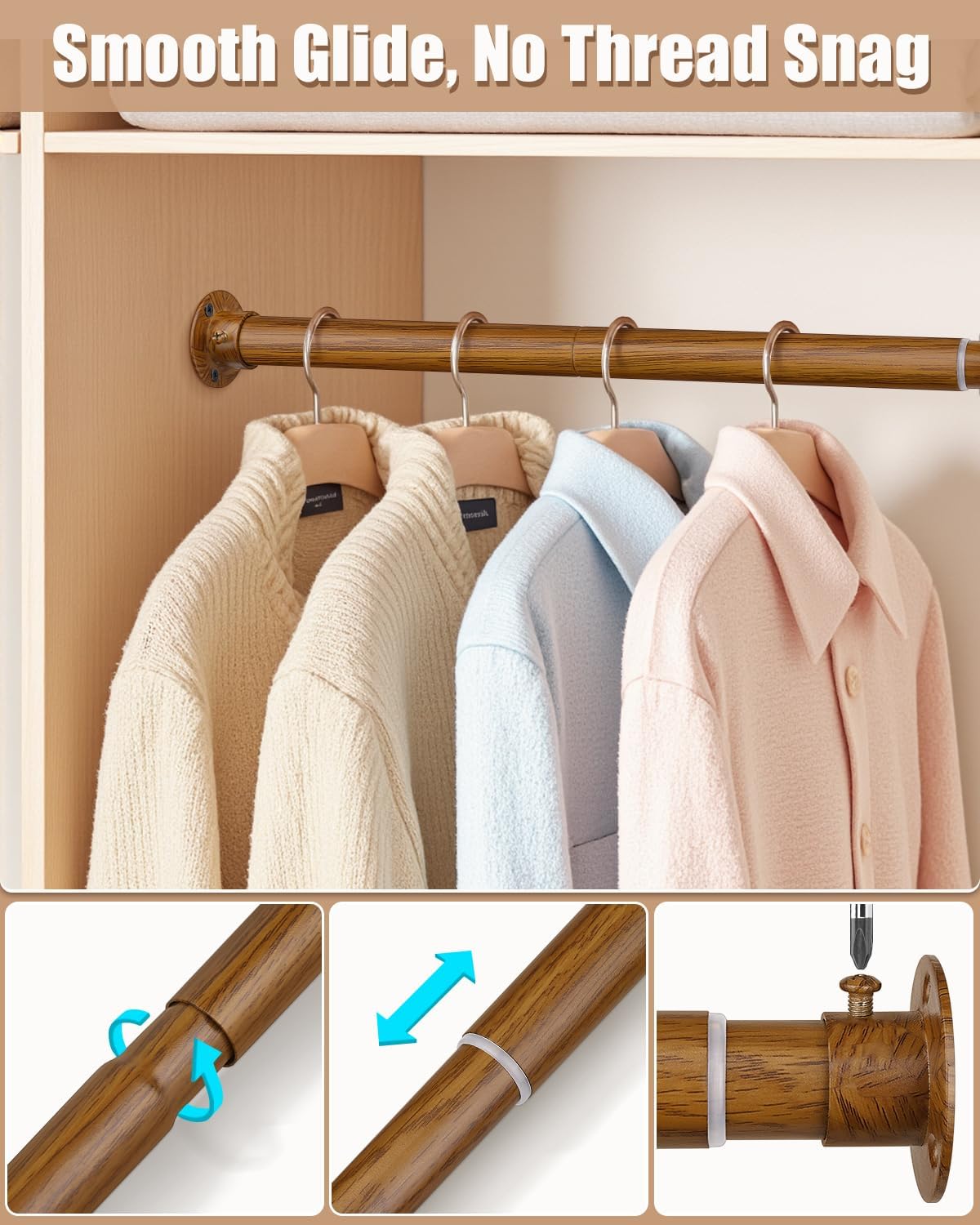 Closet Rods for Hanging Clothes, 17-76 Inch Heavy Duty and Stepless Adjustable Closet Poles, Stainless Steel Closet Hanging Rod for Wardrobes, Laundry Room, Bathroom, RV (Wood-Grain Finish)