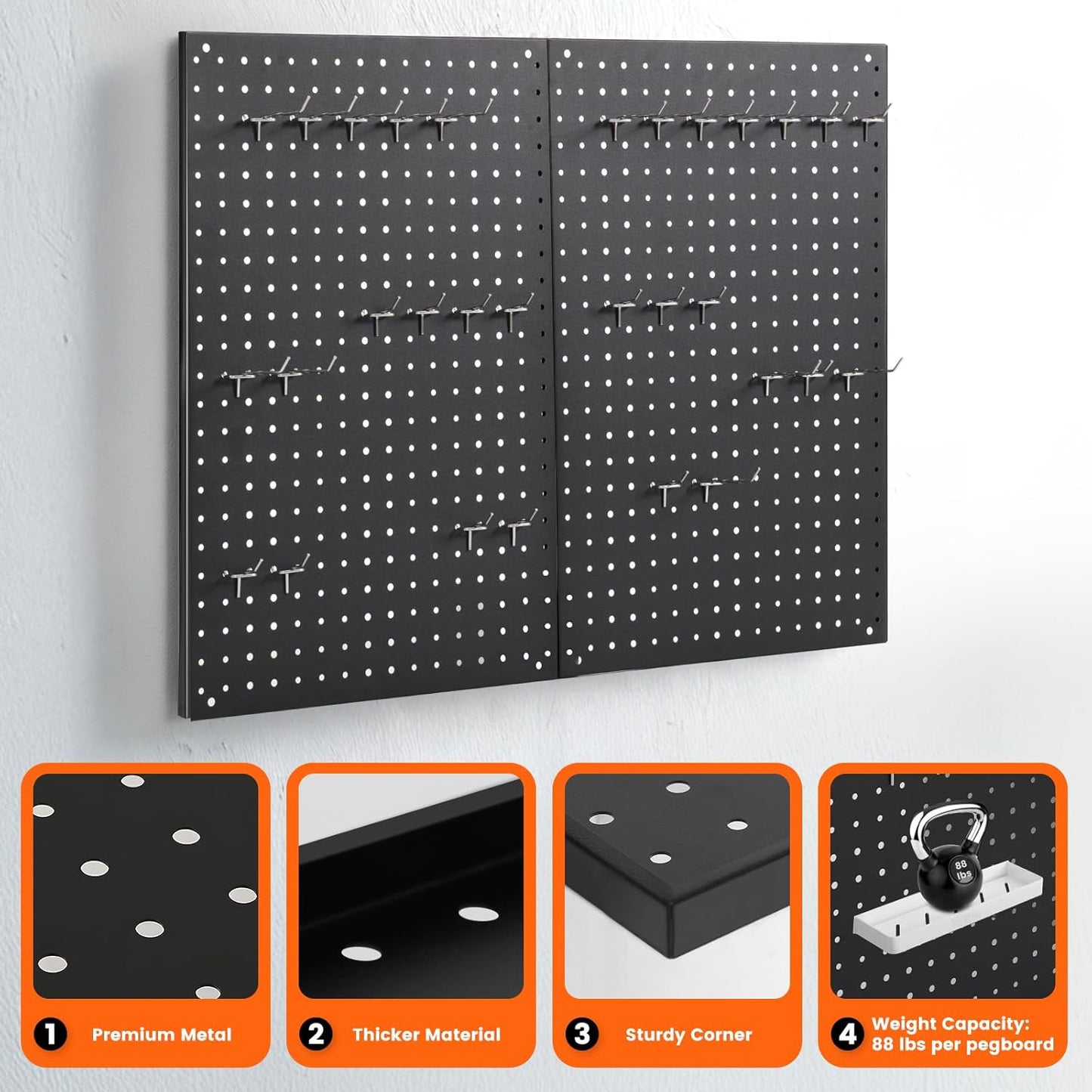 Pegboard, 2 PCS 24"×16" Metal Peg Board Panels Black Modular Wall Organizer Kit with 30 Hooks, Dual-Size Hole Design for Home Tool Storage, Garage Organization, Kitchen, Office, Craft Room