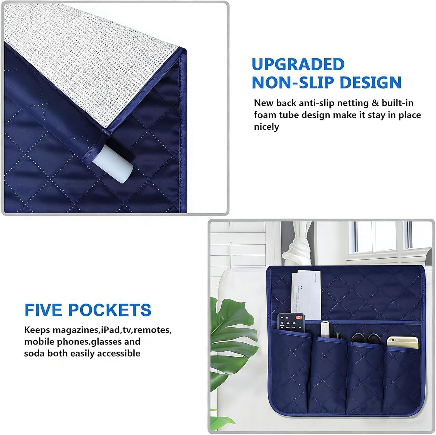 Sofa Armrest Organizer Non-Slip Arm Chair Bedside Caddy Storage Organizer for Recliner Couch with 5 Pockets for Cell Phone TV Remote Control Magazines (BLUE)