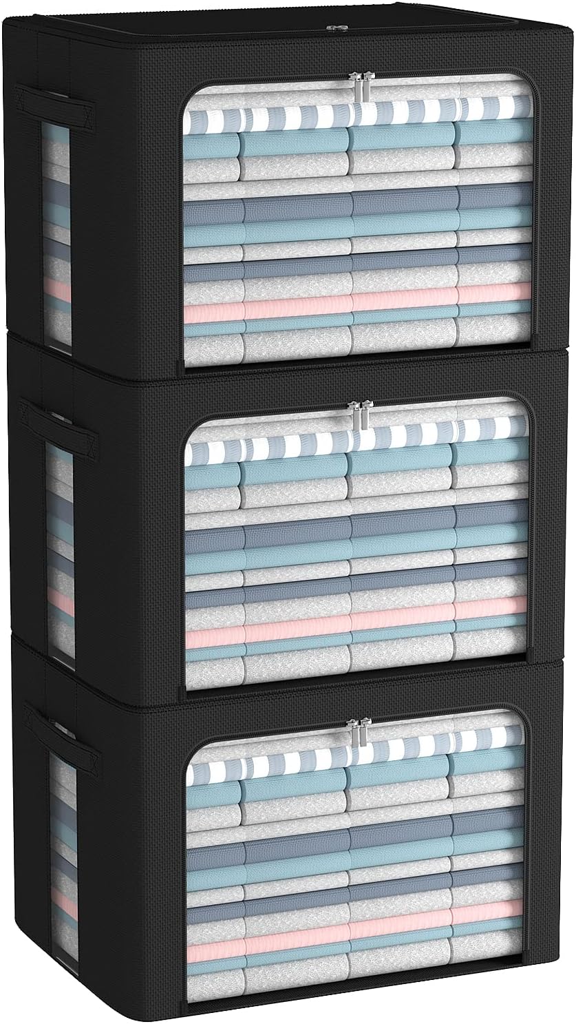 CYhom 3Pack Foldable Storage Bins - Frame Storage Box Linen Fabric Stackable Clothes Container Organizer with Clear Window & Carry Handles Large Capacity (Large-66L, Black)