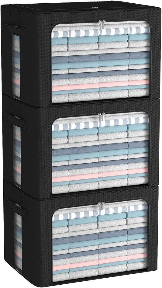 CYhom 3Pack Foldable Storage Bins - Frame Storage Box Linen Fabric Stackable Clothes Container Organizer with Clear Window & Carry Handles Large Capacity (Large-66L, Black)
