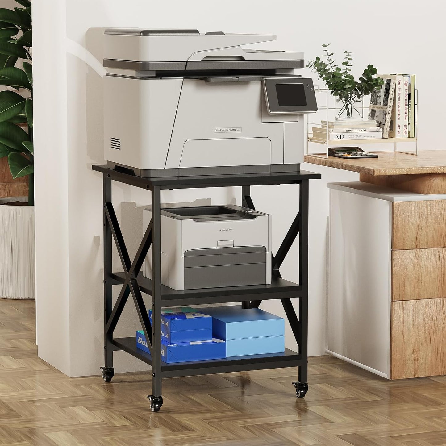 Ollieroo 3 Tier Printer Stand, Large Table with Wheels, Rolling Cart with Height Adjustable Middle Storage Shelf, 23.6 x 23.6 x 30.3 Inches Shelf for Home Office, Black