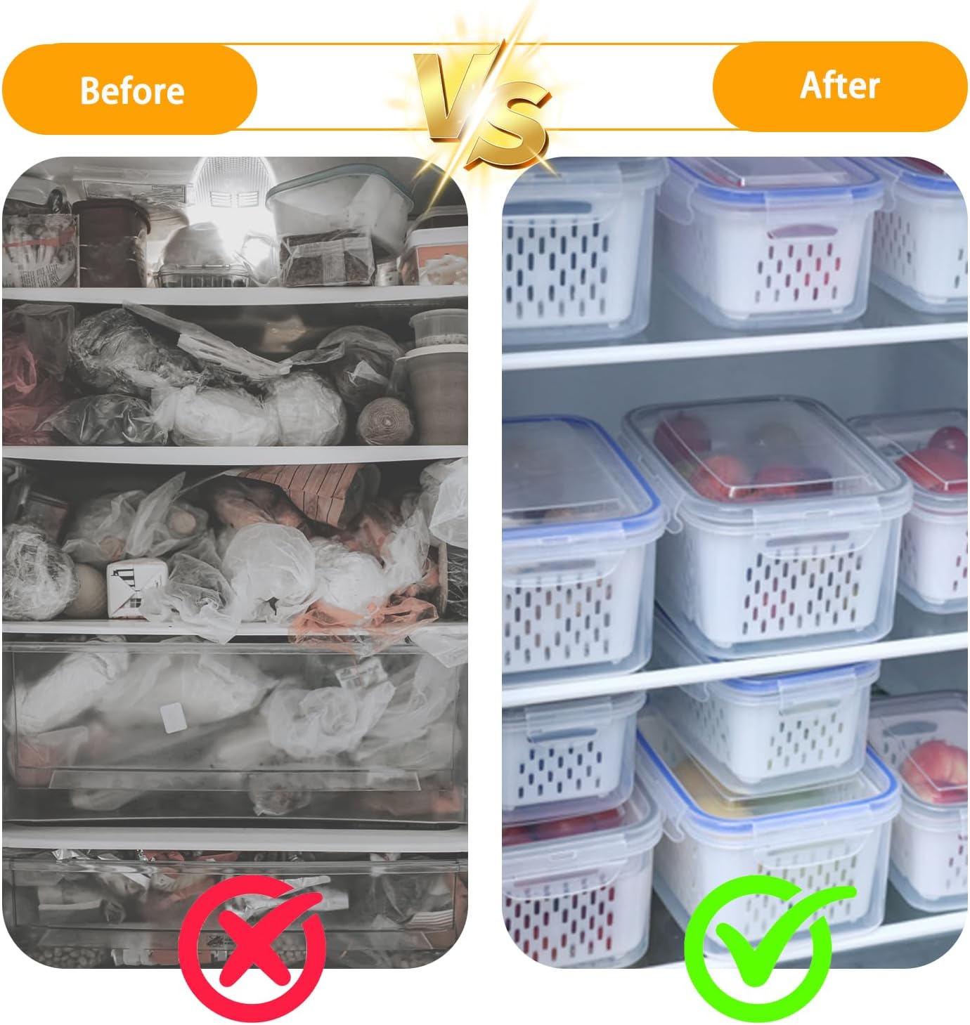 6 PCS Fruit Storage Containers for Fridge with Removable Colanders, Airtight Food Storage Container with Lids, Produce Saver, Leakproof Fridge Organizer Bins for Salad Berry Vegetables Keep Fresh