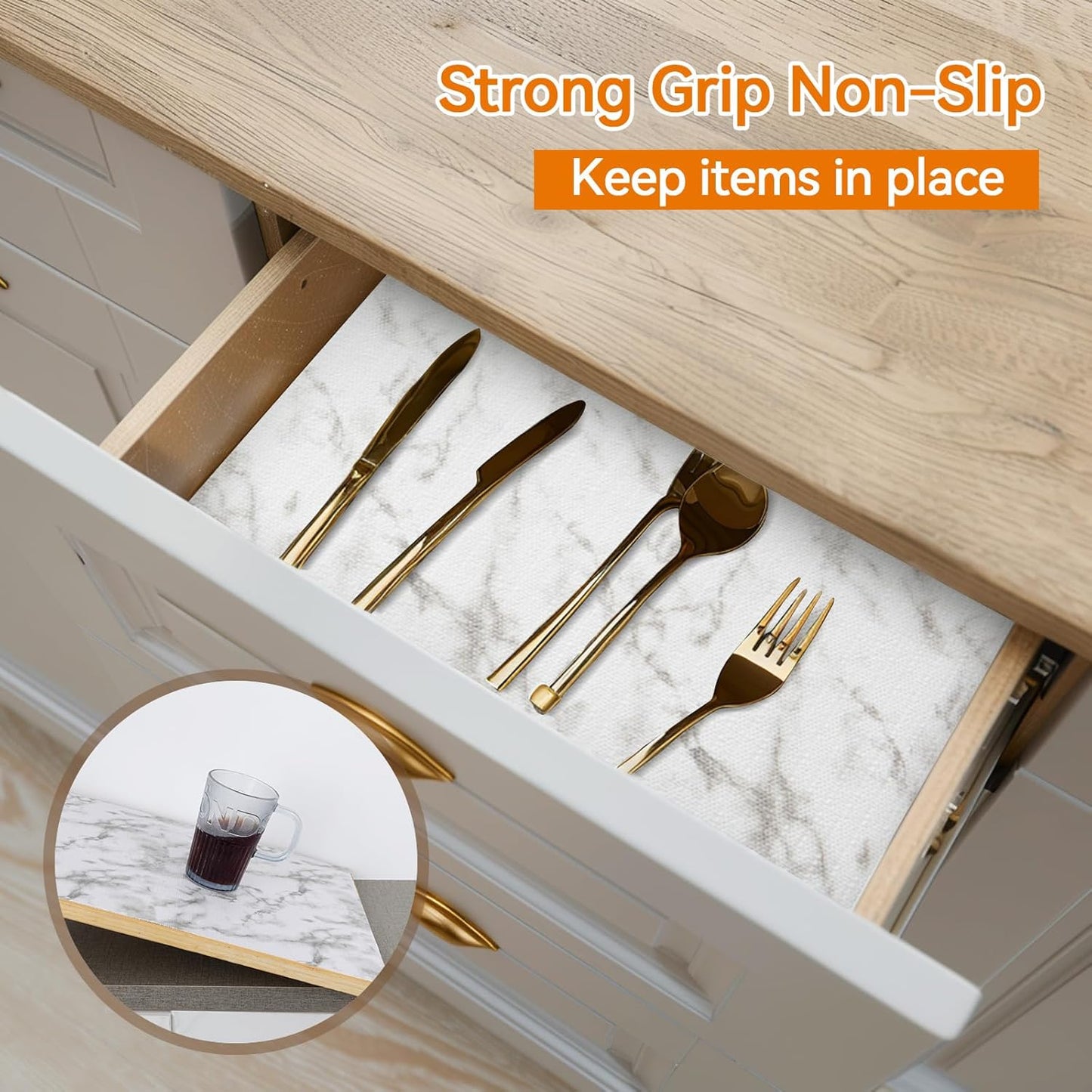 Shelf and Drawer Liner for Kitchen Cabinets Non-Adhesive, Strong Grip Non-Slip Thickened Cabinet Liners for Shelves, Waterproof Mats for Dresser Cupboard, Marble, 12 in x 20 Feet