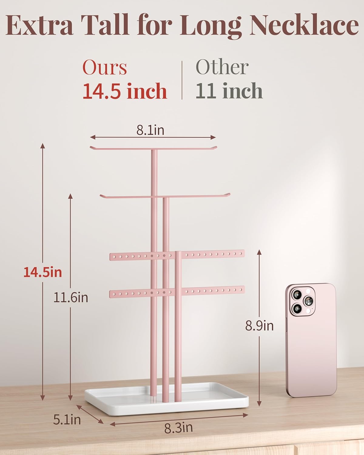 pickpiff Jewelry Stand Holder Organizer: 14.5" Sturdy Hanger for 80 Pcs Jewelry, Pink Jewlery Tower for Display Necklace, Earring, Bracelet, Watch