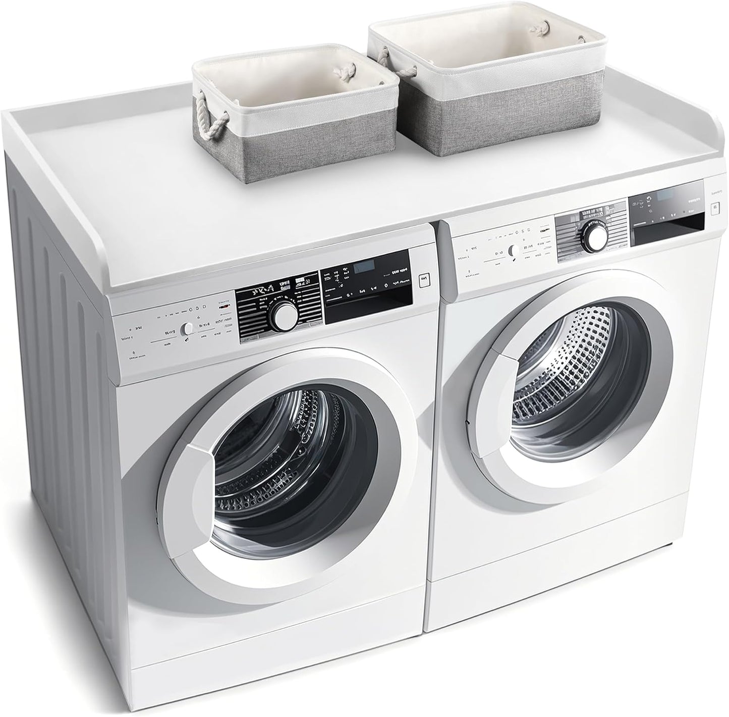 Washer Dryer Countertop with 2 Pack Storage Baskets, Wood Washer and Dryer Countertop with Non-Slip Pads/Edge Rails for Laundry Room Storage and Organization, 27.5" W x 54" L(White)