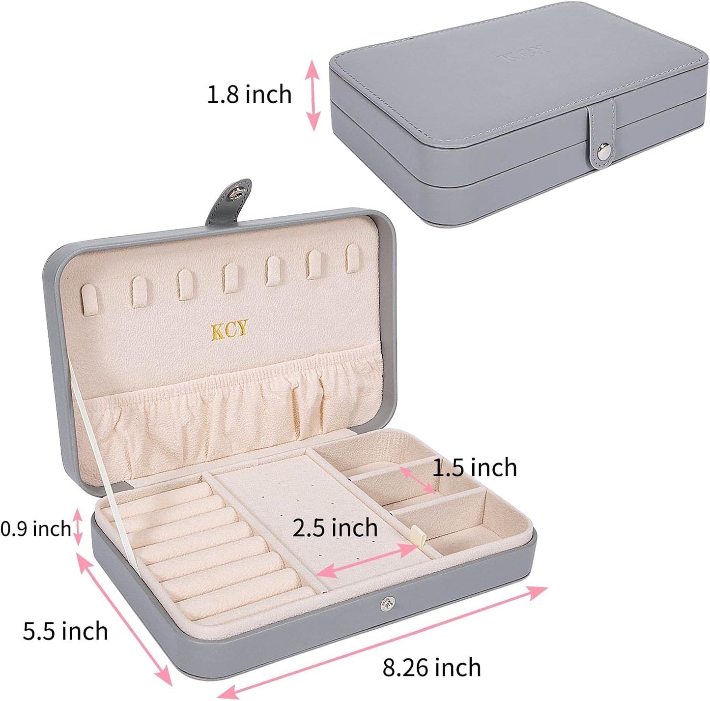 KCY Travel Jewelry Organizer Box for Women Girls, Small Travel Jewelry Case, PU Leather Portable Jewellery Storage Boxes Display Holder for Ring Earrings Necklace Bracelet Bangle, Gifts,Grey