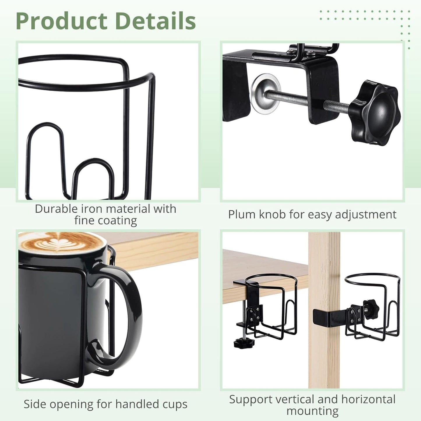 2 Pcs Desk Cup Holders, Anti-Spill Clamp-on Drink Mounts for Table, Adjustable Coffee Bottle Racks for Desks, Tables, Wheelchairs, Support Horizontal or Vertical Surface Mounting