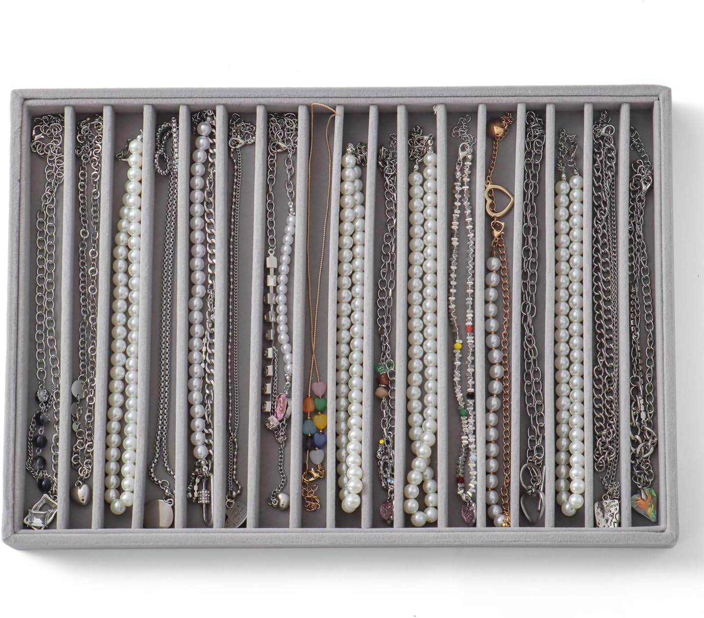 Large Jewelry Organizer for Drawer Insert Velvet Stackable Jewelry Trays for Earring Necklace Bracelet Ring Display (Gray, 16 Grids)