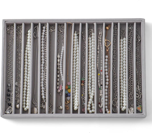 Large Jewelry Organizer for Drawer Insert Velvet Stackable Jewelry Trays for Earring Necklace Bracelet Ring Display (Gray, 16 Grids)