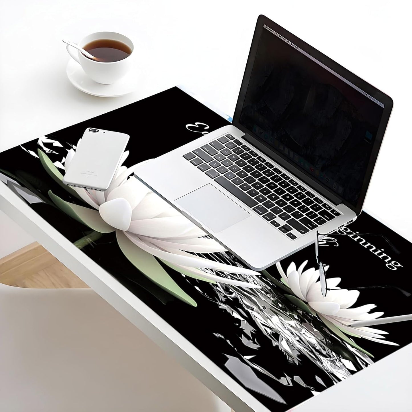 LB Black and White Floral Mouse Pad Plant Flower with Inspirational Quotes Large Mouse Pad for Desk Modern Aesthetic Desk Pad for Office and Home Non-Slip Rubber Base Mouse Mat 15.75L X 31.5W Inch