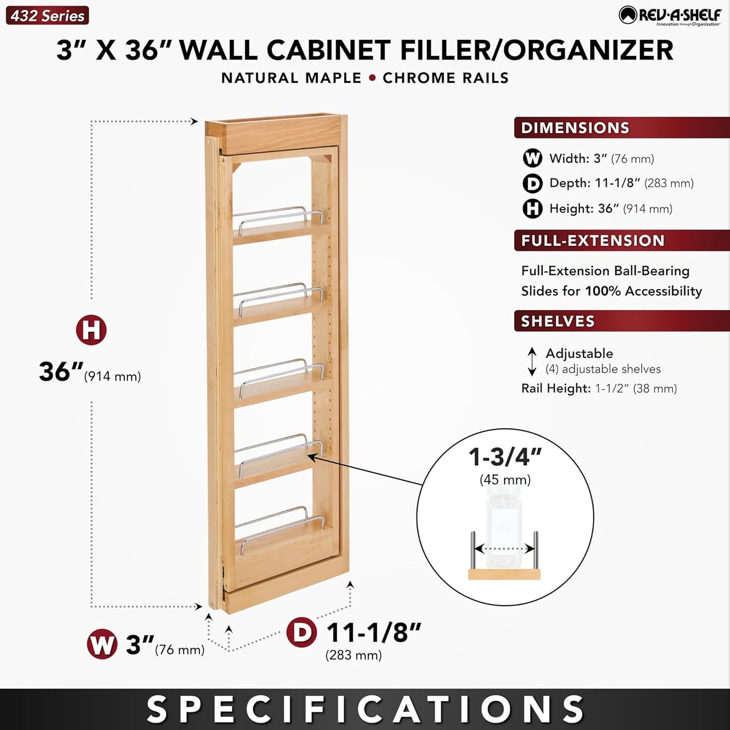 Rev-A-Shelf 3" W x 36" H Pull Out Quad Shelf Organizer for Wall & Base Kitchen Cabinets, Full Extension Filler Spice Rack, Adjustable, Wood, 432-WF36-3C