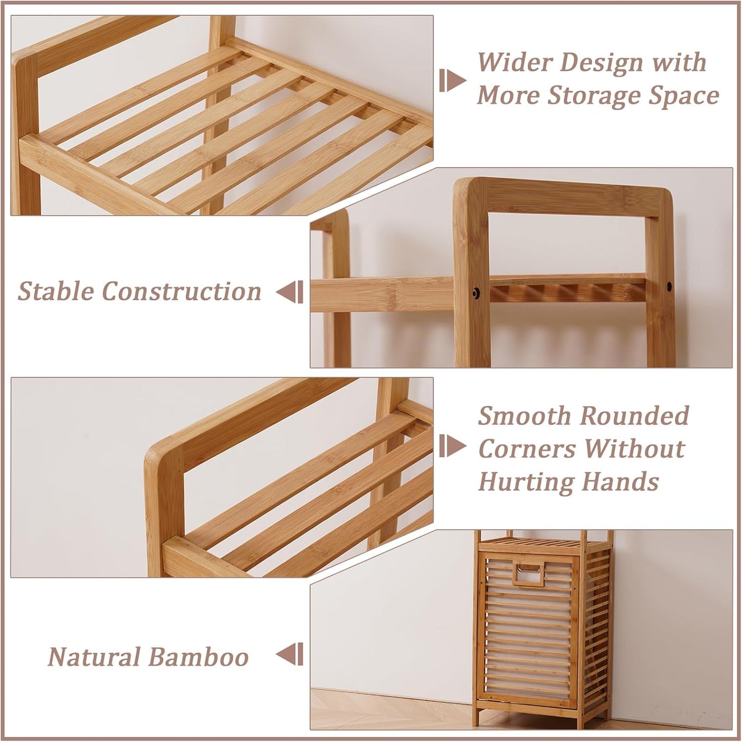 Bamboo Laundry Hamper with 3 Tier Shelves & Tilt Out Basket, Laundry Baskets Organizer Hampers Bathroom Storage Shelf for Laundry Room, Bathroom, Guest Room（3-Tier, Large）