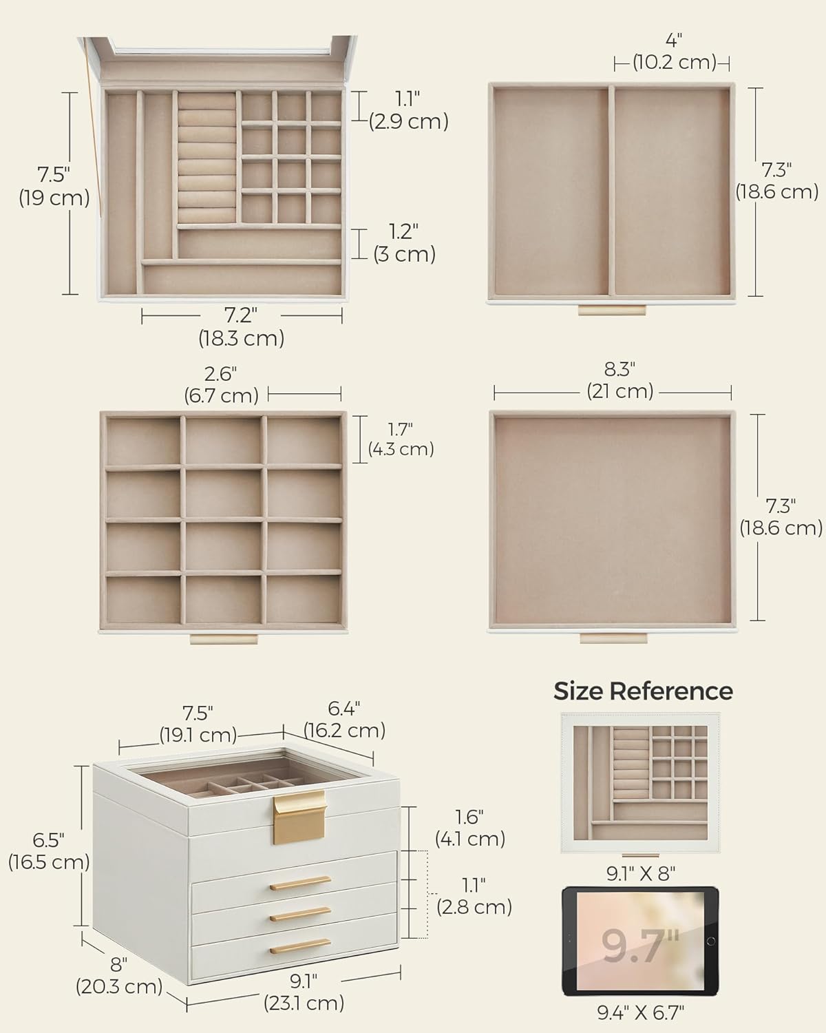 SONGMICS Jewelry Box Organizer with Glass Lid, 4-Layer Jewelry Storage, with 3 Drawers, Modern Style, Christmas Gift, 8 x 9.1 x 6.5 Inches, Cloud White and Gold Color UJBC173W01