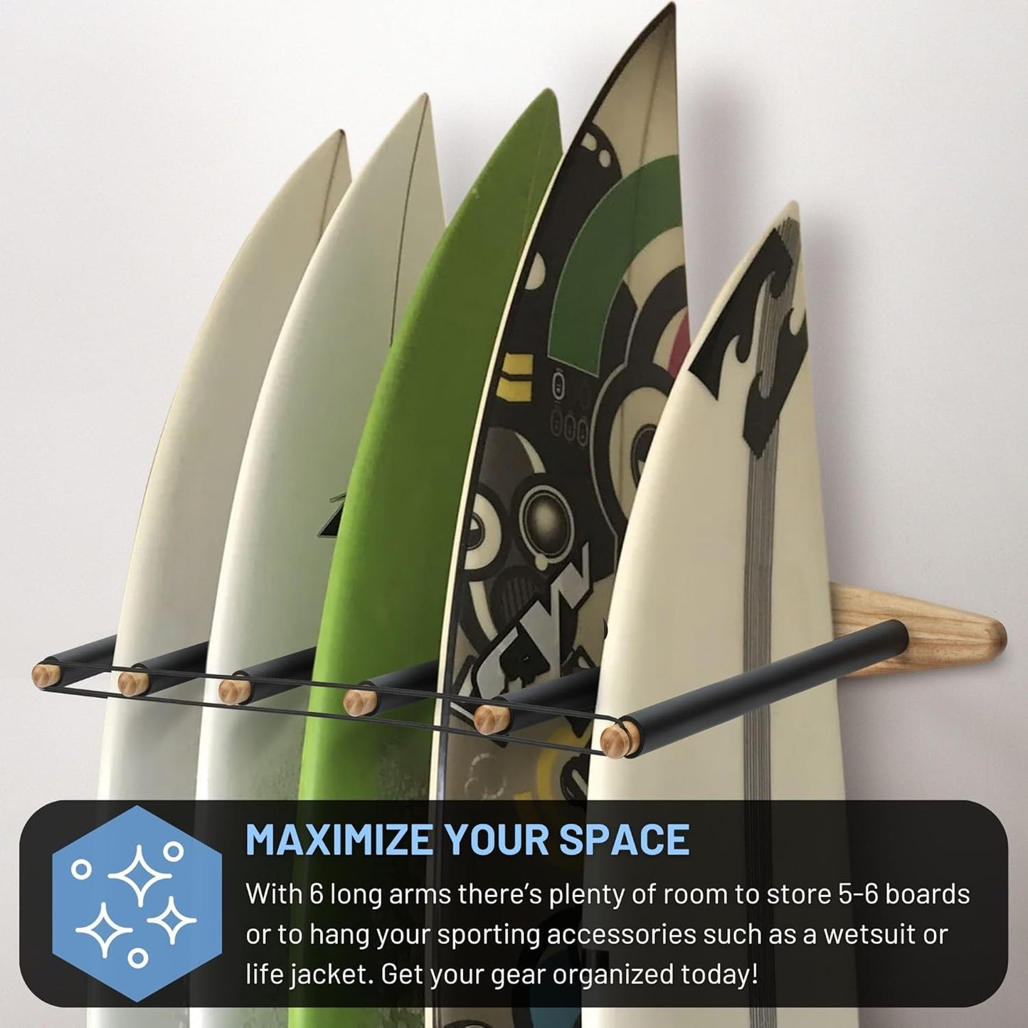 Hang 11 Vertical Surfboard Rack - Surf Racks for Wall, Sustainable Hardwood Surf Board Holder with Rubber Mat, Surfboard Wall Mount, Paddle Board & SUP Garage Storage (6 arms / 5-6 boards)