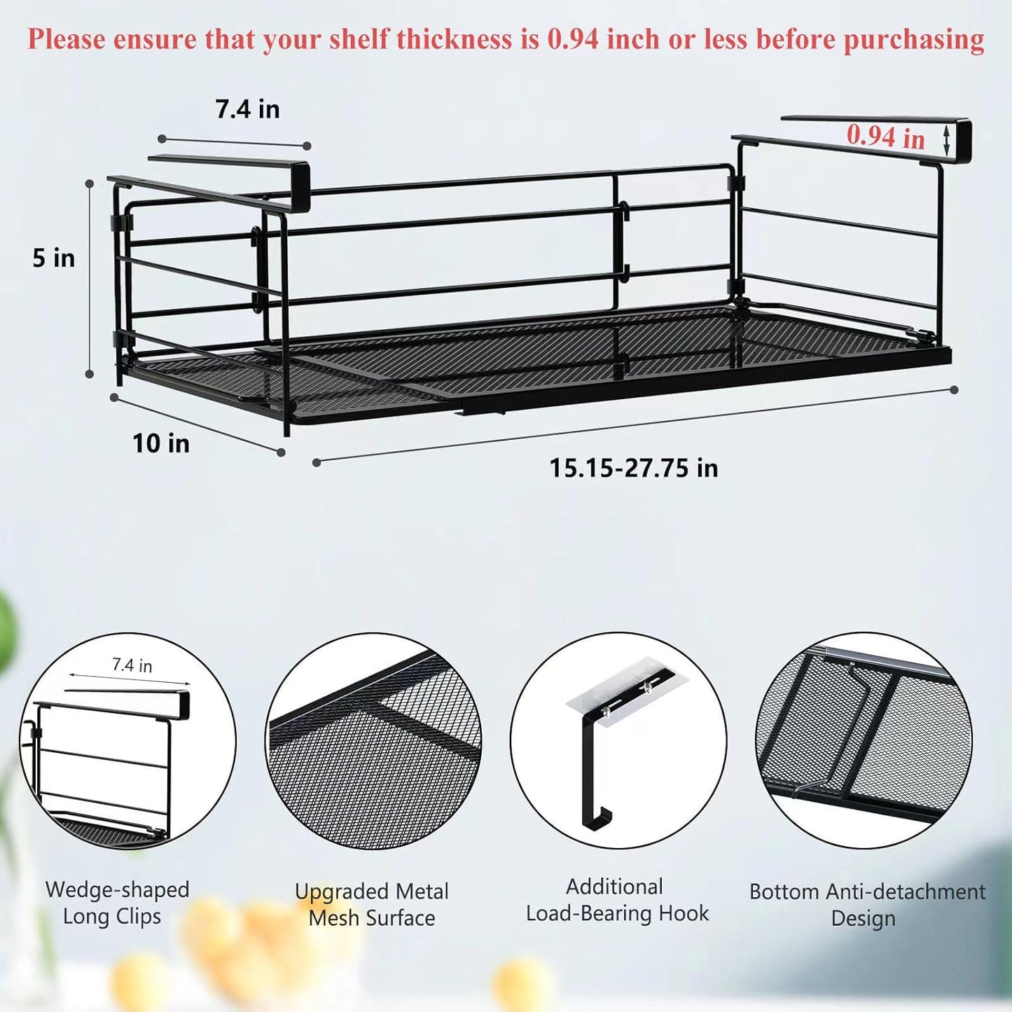 Expandable Under Cabinet Shelf, Extendable Under Shelf Storage with Removable Wire-Like Back for Pantry Cabinet, Laundry Room, Shoe Rack. (Black, 2 Pack, Interior: 5" H x 10" D)