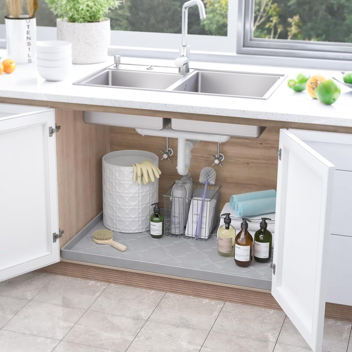 SIKADEER 37" x 22" Under Sink Mat Waterproof, Silicone Mat Kitchen Drawer Shelf and Cabinet Liner, Sink Protector for Kitchen Organizers and Storage, Boot Tray Pet Food Mats