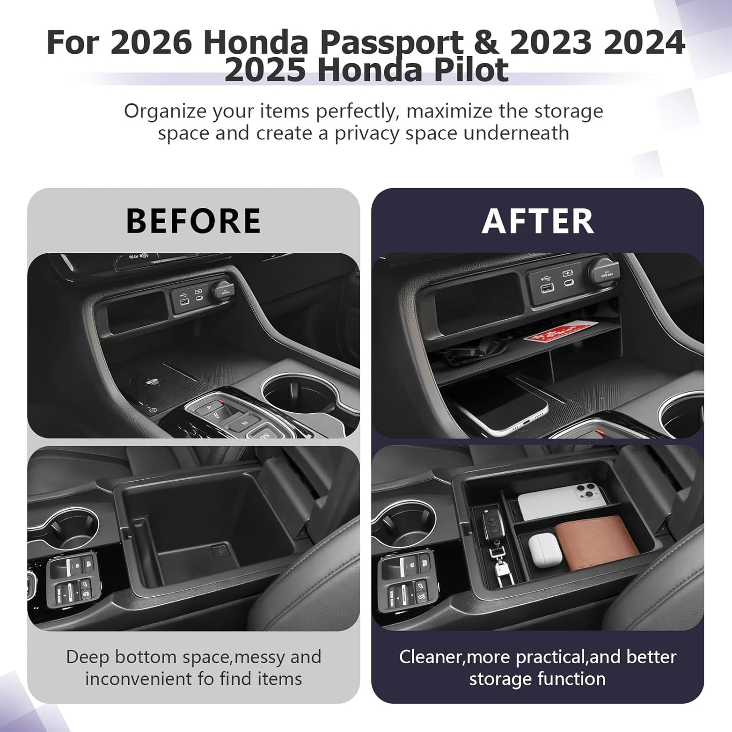 LUWU 2026 Honda Passport Accessories Compatible with 2023 2024 2025 Pilot & 2026 Passport Center Console Organizer, Armrest Storage Box Tray Organizer Insert Tray 2025 Pilot Accessories Black 2PCS