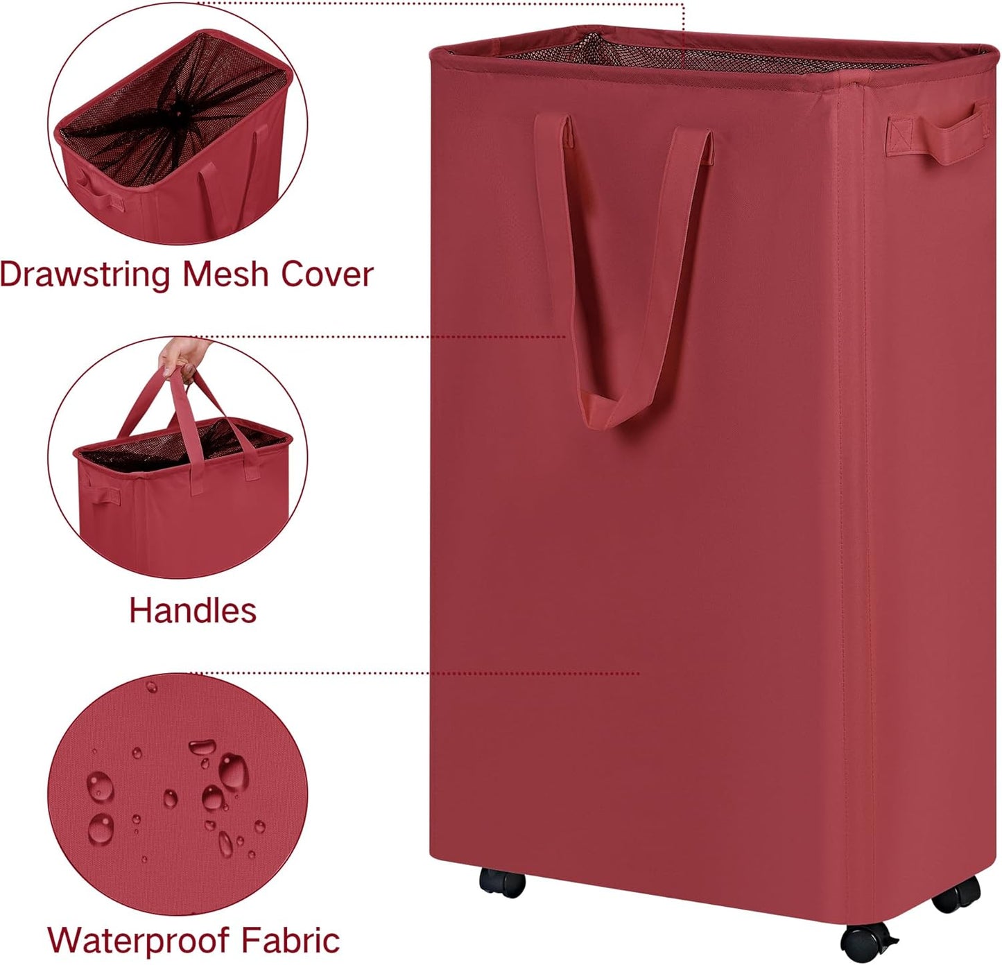 efluky Slim Laundry Hamper with Wheels, Rolling Laundry Basket for Clothes, Small Laundry Basket for Bedroom, Dorm and Laundry Room, 75L (19.8 Gallons) Burgundy Red