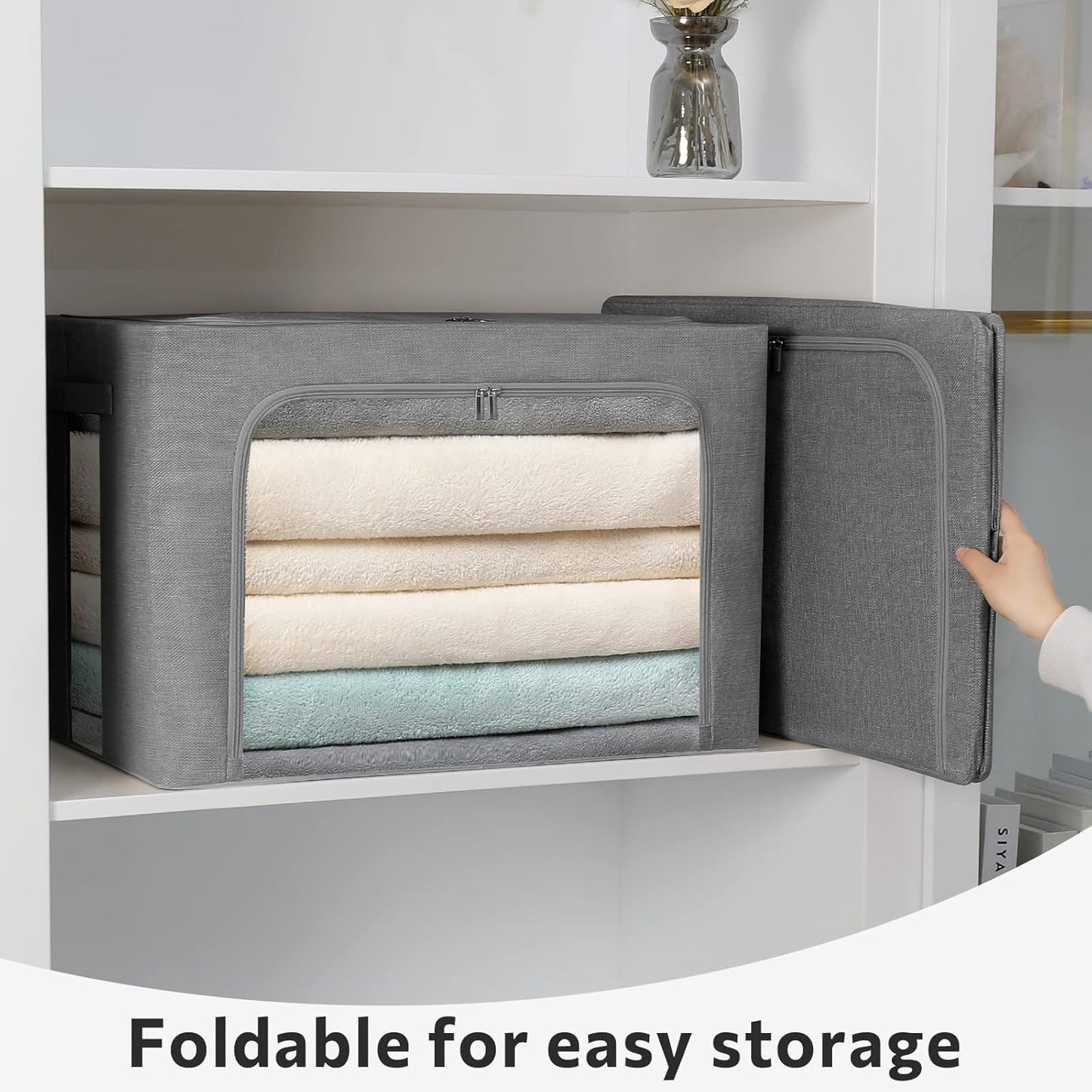 FHSQX Extra Large Clothes Storage Bins Foldable Metal Frame Storage Box Stackable Linen Fabric Box Organizer Set with Carrying Handles and Clear Window -100L (Gray, 23.6x 16.5x 15.7 Inch)