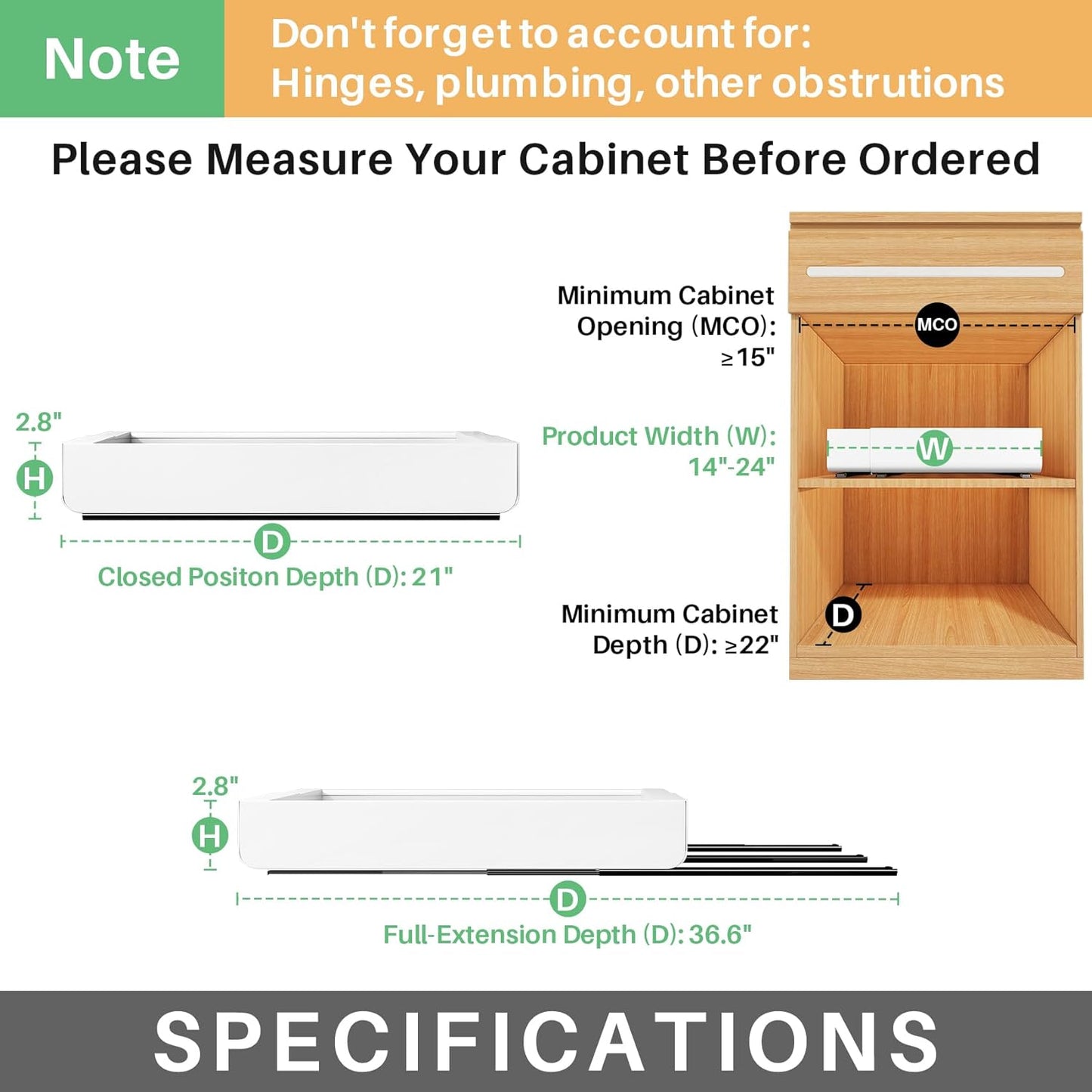 Pull out Cabinet Organizer, Wider Expandable(14"-24") Heavy Duty Slide out Drawers Fixed with Adhesive Nano Film for Pots, Roll out Shelf Storage for Kitchen Cabinet Organization(White-1pc)(3 Rails)