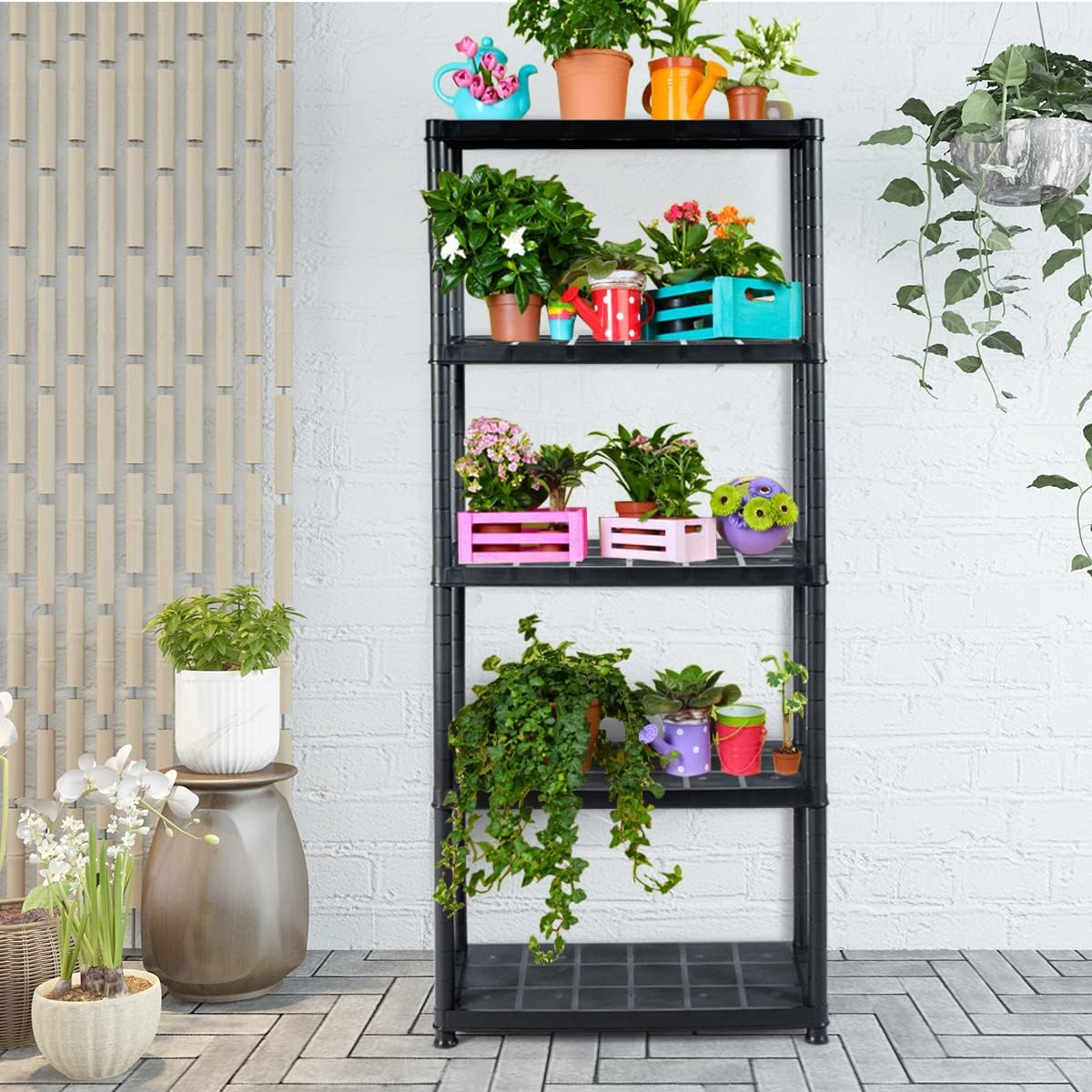 IRONMAX 5-Tier Plastic Shelving Unit, Multi-Purpose Shelf Rack, No Tools Required, Free Standing Storage Shelves for Garage Basement Kitchen, Black (2, 33.5“L X 16”W X 73“H)