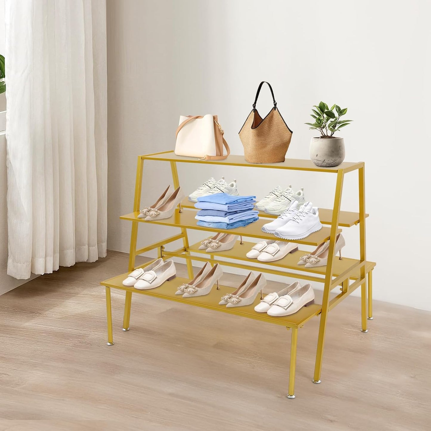 Nesting Tables for Retail Display, 3 Tier Metal Shoe Handbag Display Stand, Modern Retail Display Tables for Boutiques, Floor Standing Double Side Display Riser Shelf for Clothing Stores (Gold)