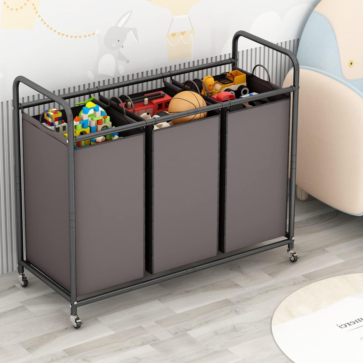 LINZINAR 3-Bag Laundry Sorter,Laundry Hamper Cart with Heavy Duty Rolling Lockable Wheels and Removable Bags (Brown)