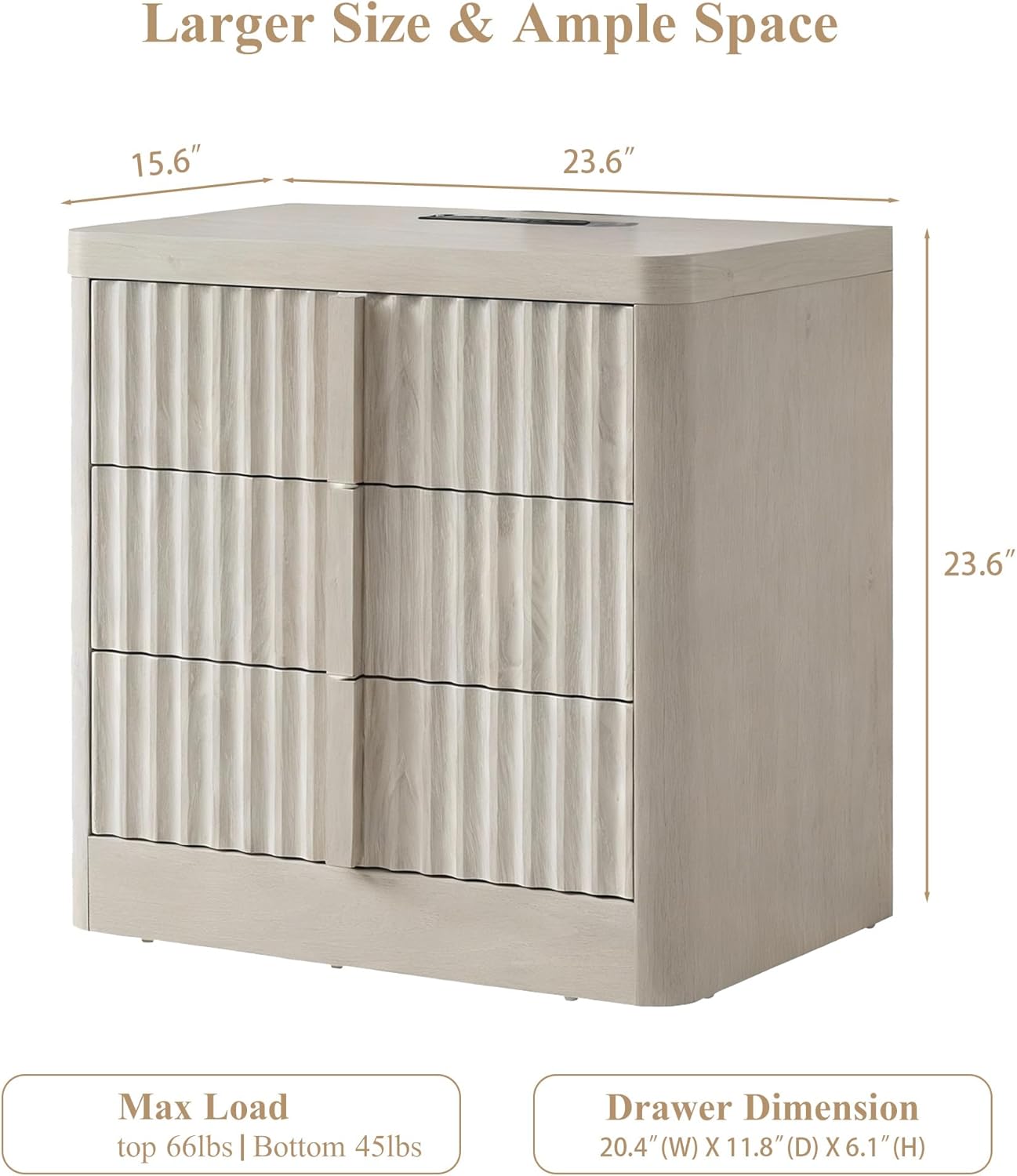 23.6" Nightstand Set of 2 with Charging Station, Side Table with 3 Large Storage Drawers, Mid Century Modern Night Stand with Solid Wood Handle, Bedside End Table for Bedroom, Living Room