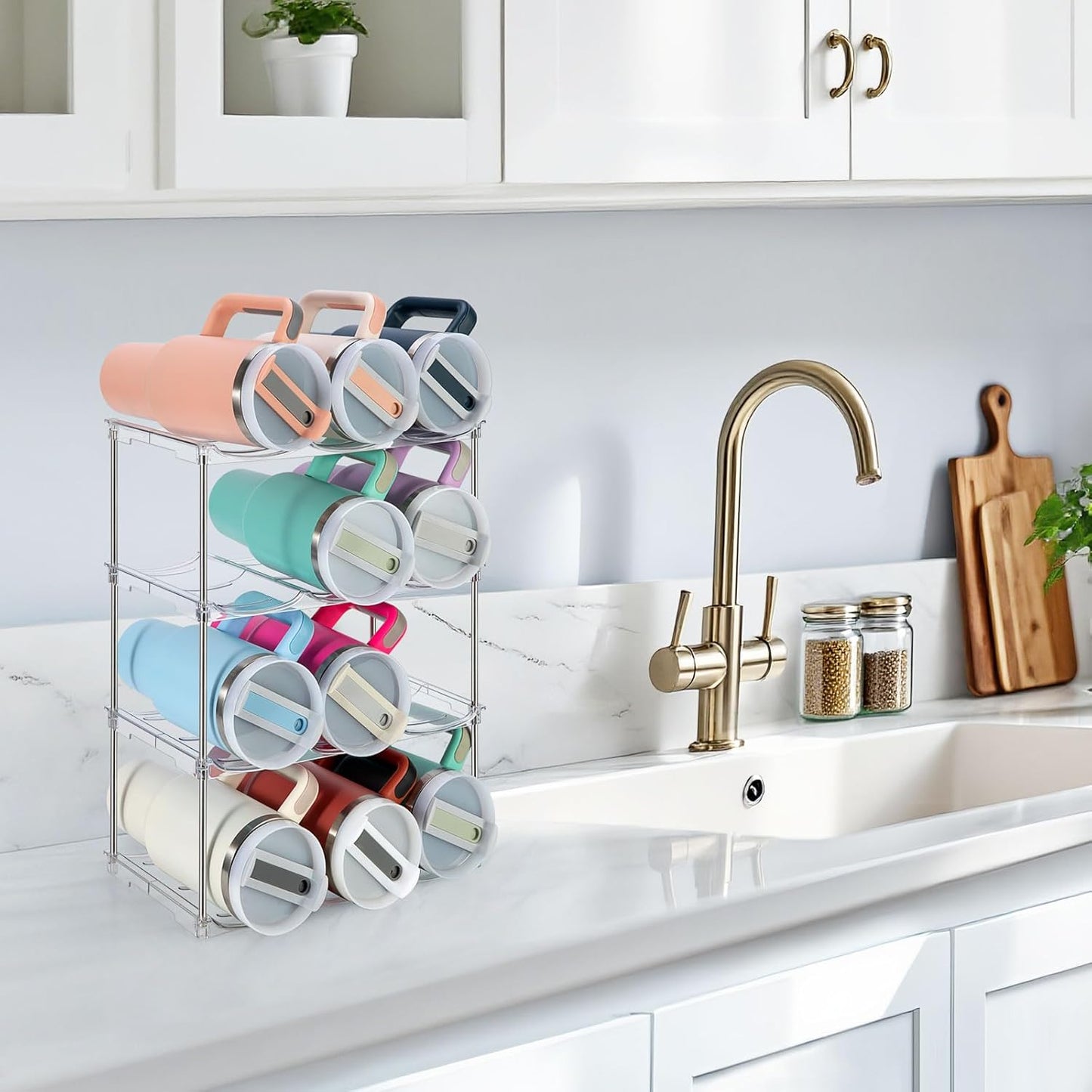 Water Bottle Organizer for Stanley 40 oz Tumbler, Stackable Tumbler Storage, 3 Pack Water Bottle Organizer for Cabinet, Pantry Kitchen Storage & Organization for Stanley Cup - Hold 9 Bottles