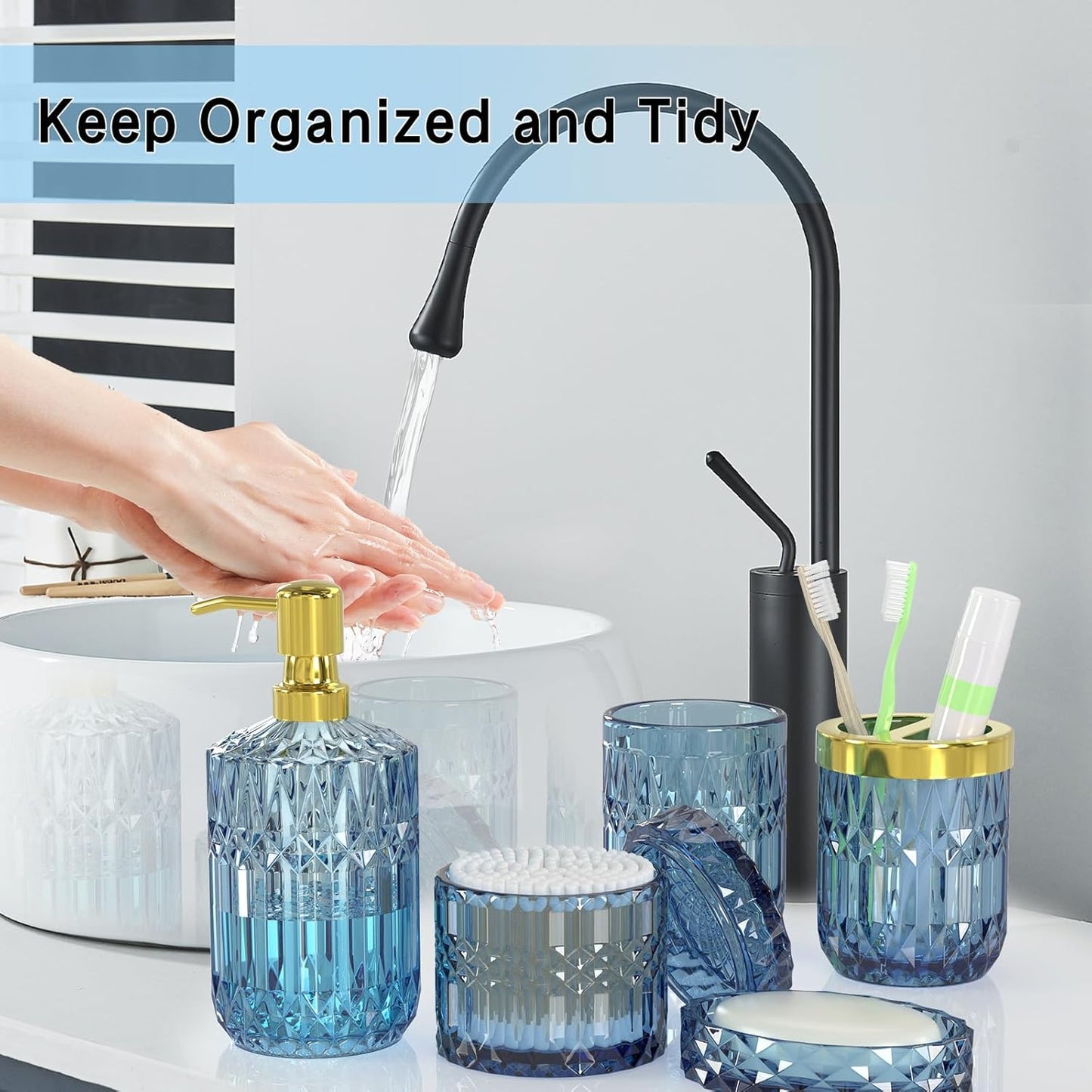 Blue Bathroom Accessories 5 Pcs, Glass Bathroom Accessory Set, Vintage Blue Bathroom Set, Soap Dispenser and Toothbrush Holder Set, Qtip Holder, Bathroom Sets Complete, Modern Bathroom Decor