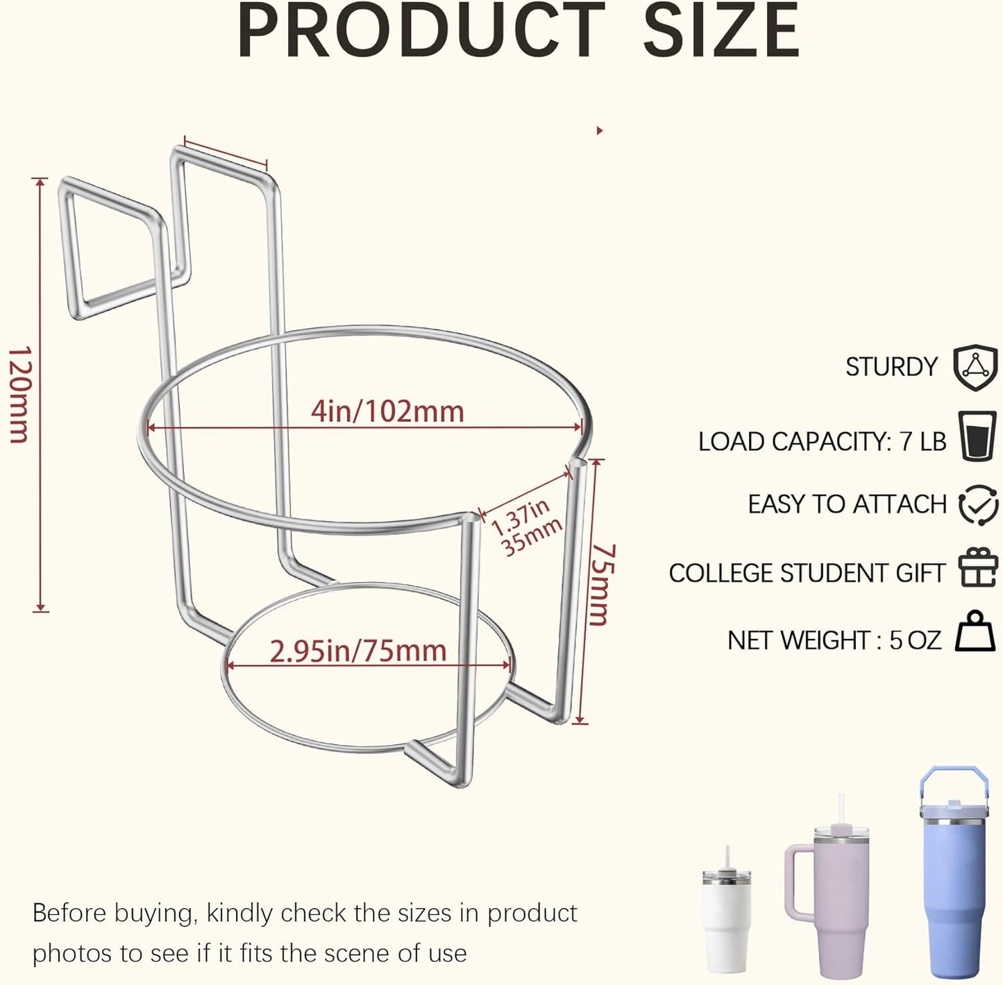 Stanley Cup Holder for Bed (Diameter: 4IN) Drink Holder Water Bottle/Glass Organizer for Dorm Room Bunk Bed Crib, Metal Toddle Bed,Loft Bedside, Headbed, Car,Office Desk Partition