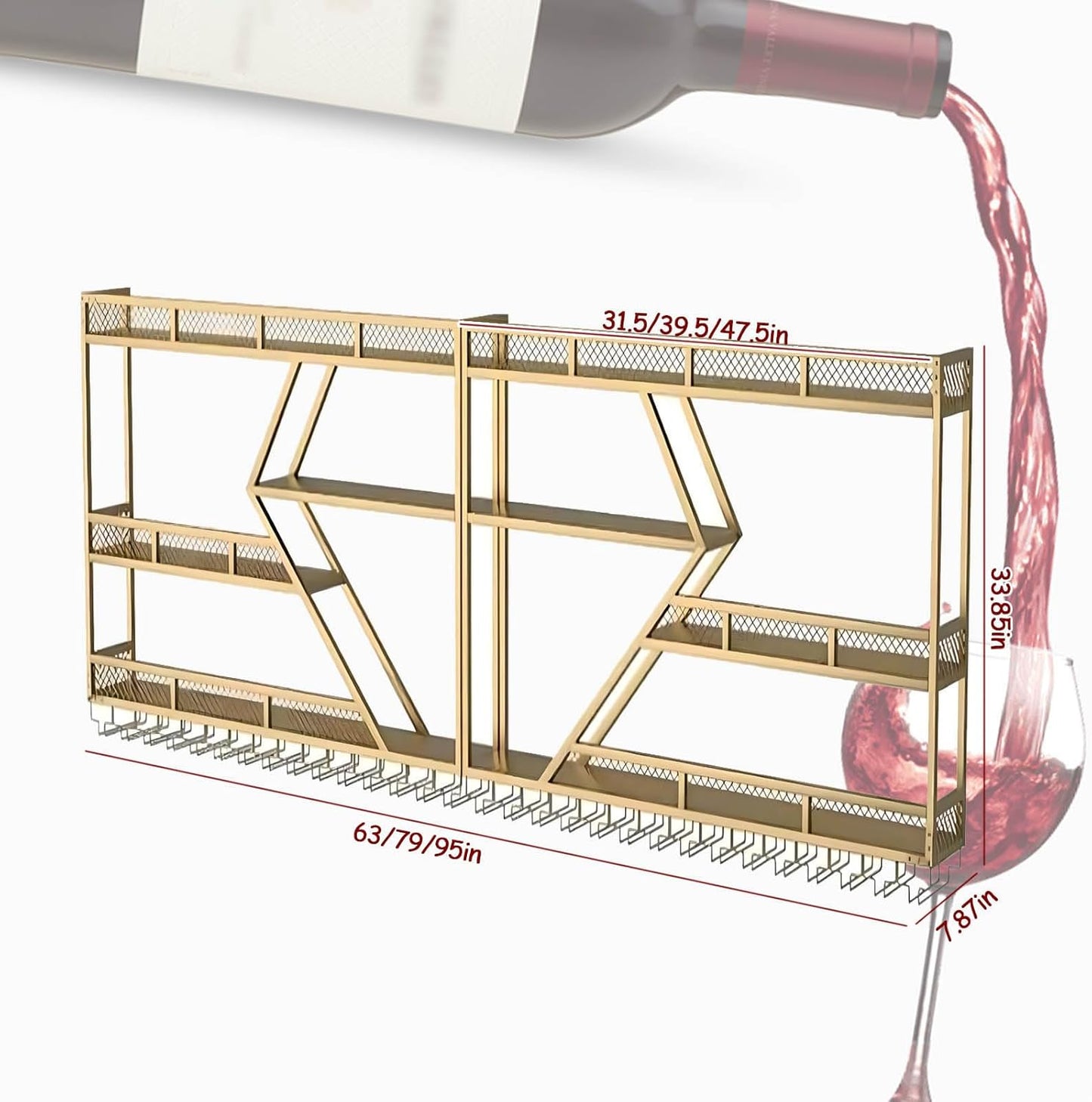 79in Large Wall Mounted Wine Rack 3 Tier Metal Wine Bottle Holder Modern Diamond Design Floating Bar Liquor Bottles Storage Rack for Home Restaurant Bar Decorative (Gold, 3 Tier - 79in)