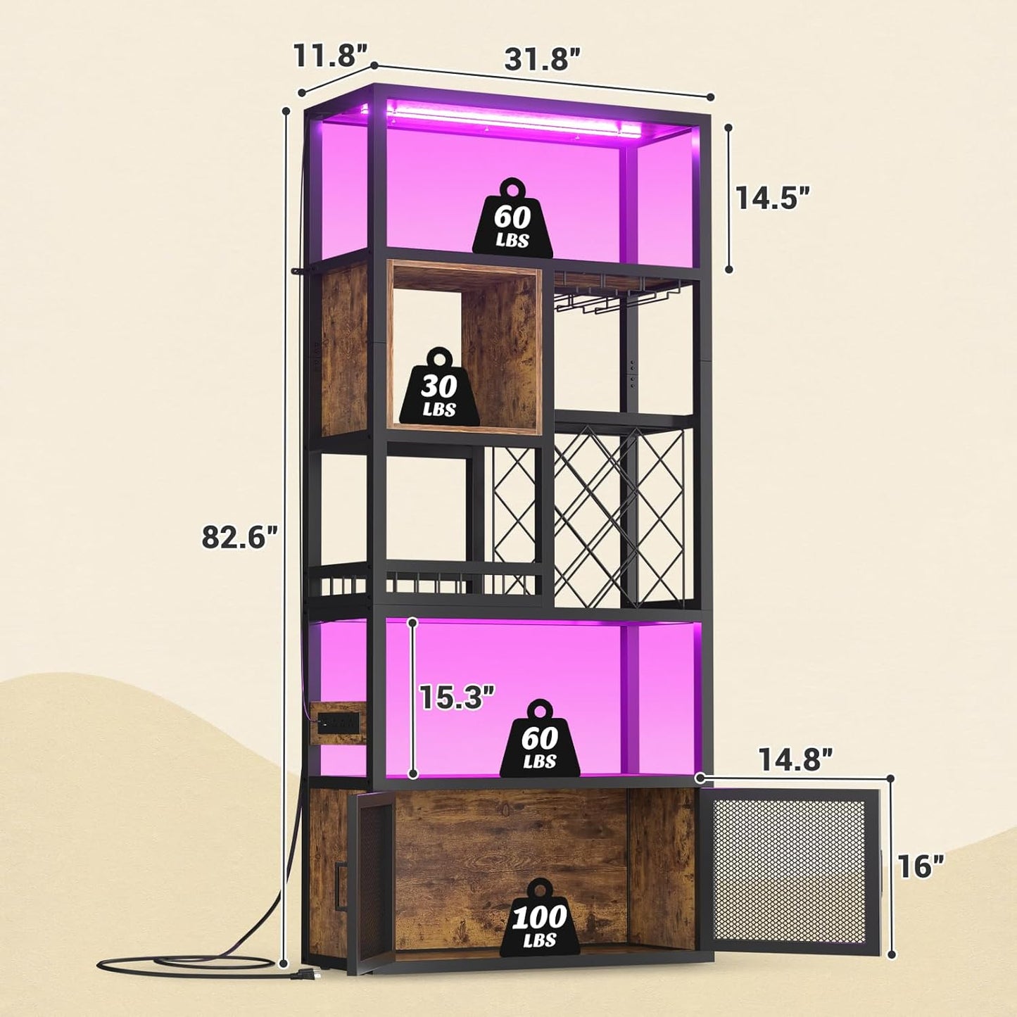82.6" Tall Bar Cabinet with Power Outlets, 6-Tiers Reversible Wine Cabinet with LED Lights, Glass Holder & Wine Rack, Liquor Storage Cabinet Coffee Bar Station for Dining Living Room, Rustic Brown
