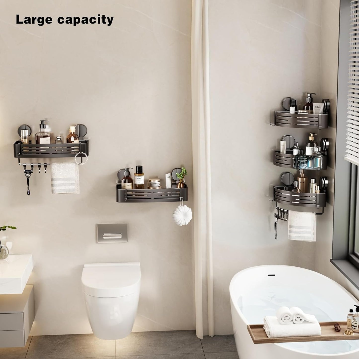 VOLPONE Corner Shower Caddy Suction Cup Shower Shelf Corner No Drilling Bathroom Shower Organizer Storage Rack Adhesive with Towel Bar Hooks(1-Pack, Gray)