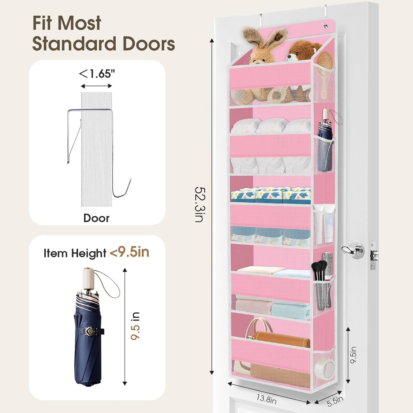5-Tier Over The Door Organizer Hanging Storage Organizers with Clear Window 40lb Large Capacity Room Organizer for Pantry Bathroom Nursery Closet(Pink)