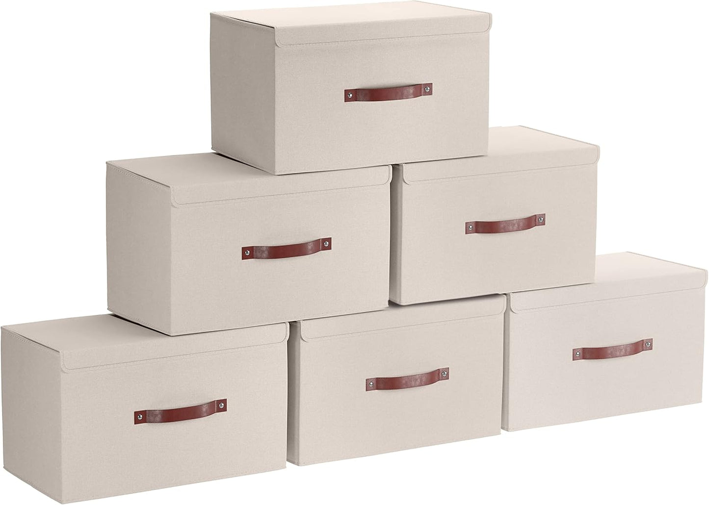 Ornavo Home 6 Pack Collapsible Storage Bins with Lid, Foldable Linen Fabric Shelf Storage Basket Closet Organizer and Large Storage Box for Clothes with Leather Handles, 15 x 10 x 9, Beige