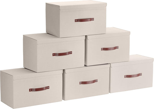 Ornavo Home 6 Pack Collapsible Storage Bins with Lid, Foldable Linen Fabric Shelf Storage Basket Closet Organizer and Large Storage Box for Clothes with Leather Handles, 16.5 x 11.8 x 7.5, Beige