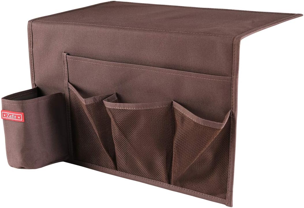 5 Pockets Bedside Caddy, Bedside Storage Organizer for Water Bottles, Magazines, Phone, Glasses (5 Pockets-Coffee)